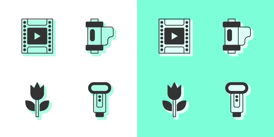 Set Photo camera flash, Camera film roll cartridge, mode macro and icon. Vector Stock Illustration