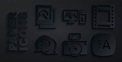 Set Photo camera with flash, Camera roll cartridge, Auto, retouching and frame Stock Illustration