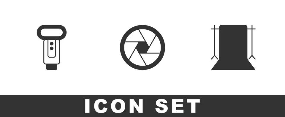 Set Photo camera flash, Camera shutter and Empty photo studio icon. Vector Illustrazione stock