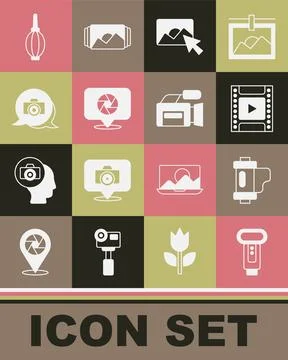 Set Photo camera flash, Camera film roll cartridge, retouching, shutter, Dust Stock Illustration
