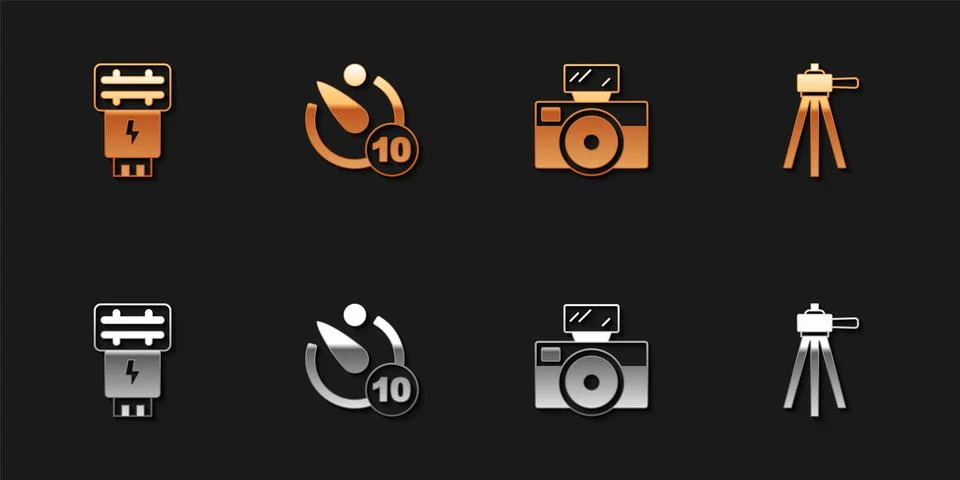 Set Photo camera flash, Camera timer, with and Tripod icon. Vector Illustrazione stock