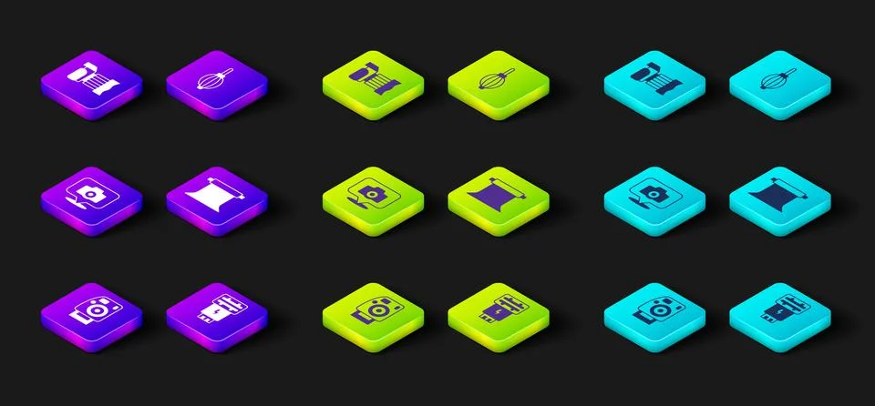 Set Photo camera, flash, Empty photo studio, Dust blower and icon. Vector Illustrazione stock