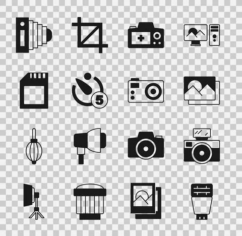 Set Photo camera flash, with, frame, Camera timer, SD card, and icon. Vector Illustrazione stock