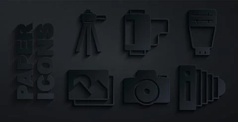 Set Photo camera, flash, frame, Camera roll cartridge and Tripod icon. Vector 스톡 일러스트