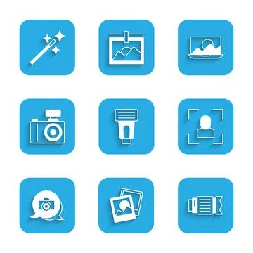 Set Photo camera flash, frame, Camera photo lens, focus line, retouching and  스톡 일러스트