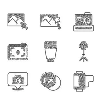 Set Photo camera flash, fx, Camera roll cartridge, Softbox light, and retouching 스톡 일러스트