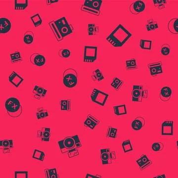 Set Photo camera with flash, , fx and SD card on seamless pattern. Vector Stockillustratie