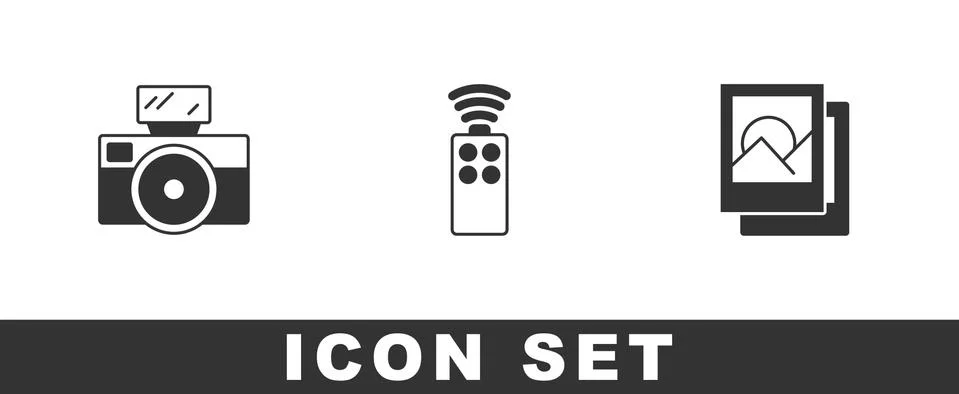 Set Photo camera with flash, Remote control for and frame icon. Vector 스톡 일러스트