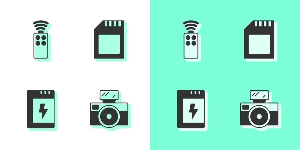 Set Photo camera with flash, Remote control for, Battery and SD card icon. Ve Stock Illustration