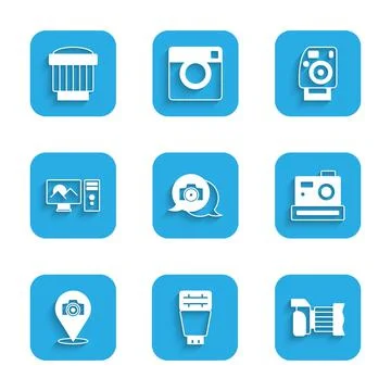 Set Photo camera, flash, retouching, and Camera photo lens icon. Vector Illustrazione stock