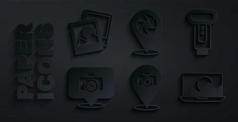 Set Photo camera, flash, retouching, Camera shutter and frame icon. Vector Stock Illustration