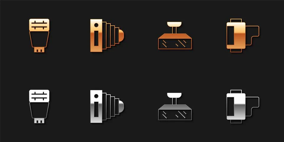 Set Photo camera flash, , Softbox light and Camera roll cartridge icon. Vector Illustrazione stock