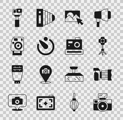 Set Photo camera with flash, Softbox light, retouching, Camera timer, Action and Stock Illustration