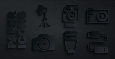 Set Photo camera flash, USB cable cord, and Softbox light icon. Vector Stock Illustration