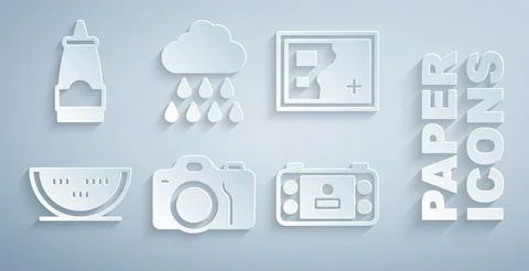 Set Photo camera, Folded map, Watermelon, Portable video game console, Cloud Stock Illustration