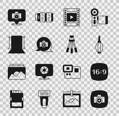 Set Photo camera, frame 16, Dust blower, Camera film roll cartridge, Empty photo 库存插图