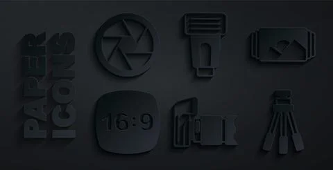 Set Photo camera, frame, 16, Tripod, flash and Camera shutter icon. Vector 스톡 일러스트