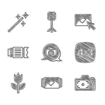 Set Photo camera, frame, 4, mode macro, Camera photo lens, retouching and icon Stock Illustration