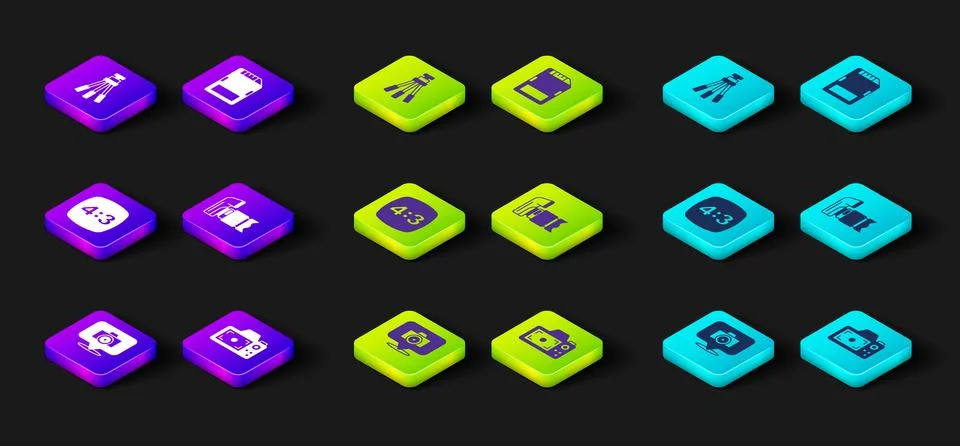 Set Photo camera, frame 4, SD card and Tripod icon. Vector Stock Illustration