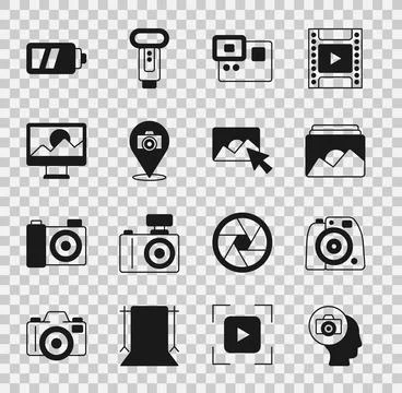 Set Photo camera, frame, Action extreme, retouching, Battery for and icon Stock Illustration
