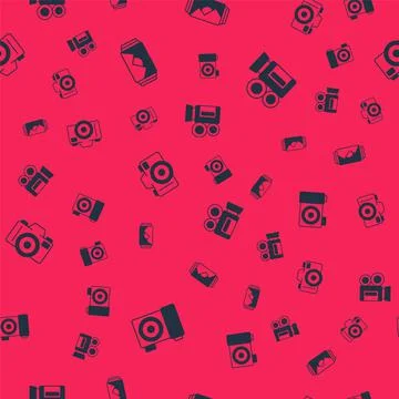 Set Photo camera, frame, and Retro cinema on seamless pattern. Vector Illustrazione stock