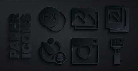 Set Photo camera, frame, Camera timer, Action, and fx icon. Vector Illustrazione stock