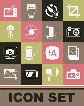 Set Photo camera, frame, Camera timer, shutter, Graphic tablet and roll Illustrazione stock