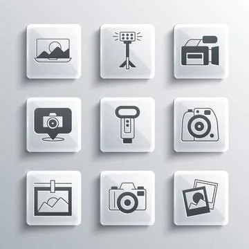 Set Photo camera, frame, flash, retouching and Cinema icon. Vector Illustrazione stock