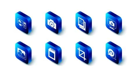 Set Photo camera, frame, Picture crop photo, SD card, and retouching icon Stock Illustration