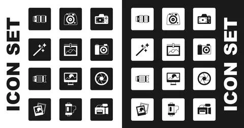 Set Photo camera, frame, retouching, Camera photo lens, shutter and  icon. .. Illustrazione stock