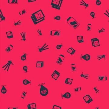 Set Photo camera, frame, Tripod and Battery for on seamless pattern. Vector Illustrazione stock