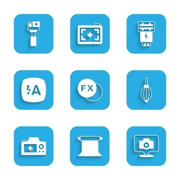 Set Photo camera fx, Empty photo studio, Dust blower, Auto flash, and Action Stock Illustration