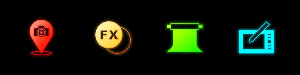 Set Photo camera, fx, Empty photo studio and Graphic tablet icon. Vector Stock Illustration