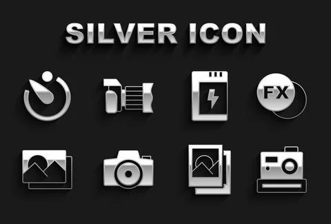 Set Photo camera, fx, frame, Battery for, Camera timer and icon. Vector 스톡 일러스트