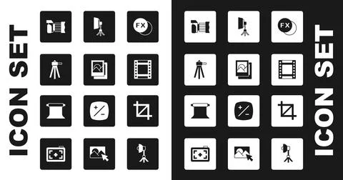 Set Photo camera fx, frame, Tripod, Camera roll cartridge, Softbox light, P.. Stock Illustration