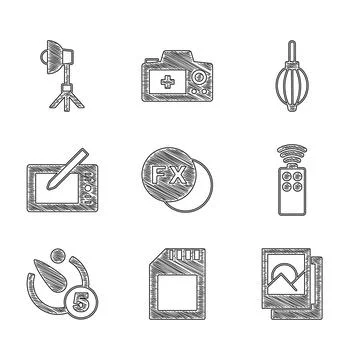 Set Photo camera fx, SD card, frame, Remote control for, Camera timer, Graphic Stock Illustration