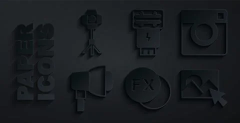 Set Photo camera fx, Softbox light, retouching, flash and icon. Vector 스톡 일러스트