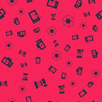 Set Photo camera, Graphic tablet, and Camera shutter on seamless pattern. Vector Illustrazione stock