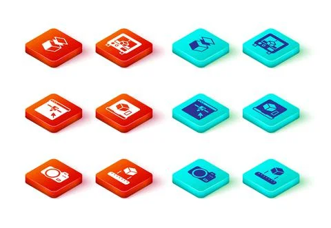 Set Photo camera, Isometric cube, 3D printer setting, and Layers icon. Vector Stock Illustration
