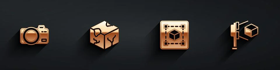 Set Photo camera, Isometric cube, Geometric figure Cube and 3D scanner with.. Stock Illustration