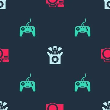 Set Photo camera, Jack in the box toy and Gamepad on seamless pattern. Vector Stock Illustration