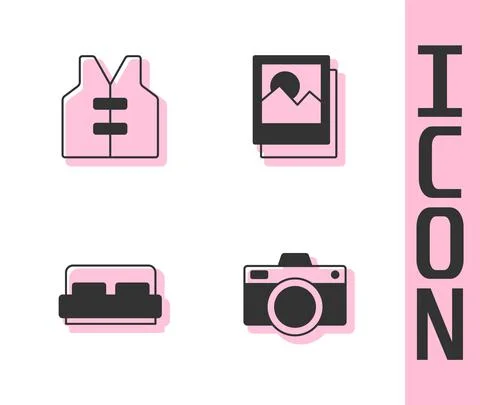 Set Photo camera, Life jacket, Hotel room bed and icon. Vector Illustrazione stock