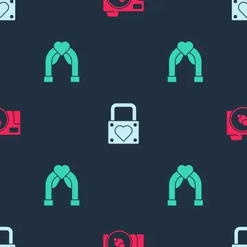 Set Photo camera, Lock and heart and Wedding arch on seamless pattern. Vector Illustrazione stock