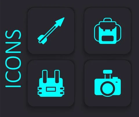Set Photo camera, Medieval arrow, Hiking backpack and Bulletproof vest icon Stock Illustration