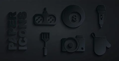 Set Photo camera, Microphone, Spatula, Oven glove, Billiard pool snooker ball Stock Illustration