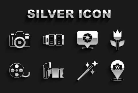 Set Photo camera, mode macro, retouching, Film reel, Camera shutter, and photo Illustrazione stock