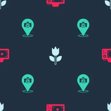 Set Photo camera, mode macro and  on seamless pattern. Vector イラスト素材