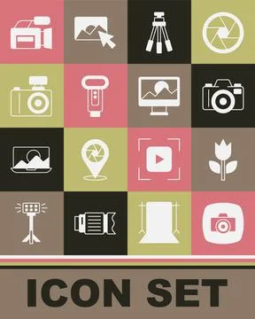 Set Photo camera, mode macro, Tripod, flash, Cinema and retouching icon. Vect Stock-Illustration