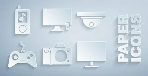 Set Photo camera, Motion sensor, Gamepad, Computer monitor screen, Smart Tv a Illustrazione stock