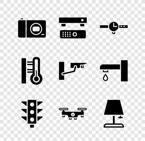 Set Photo camera, Multimedia and TV box, Wrist watch, Traffic light, Drone Stock Illustration